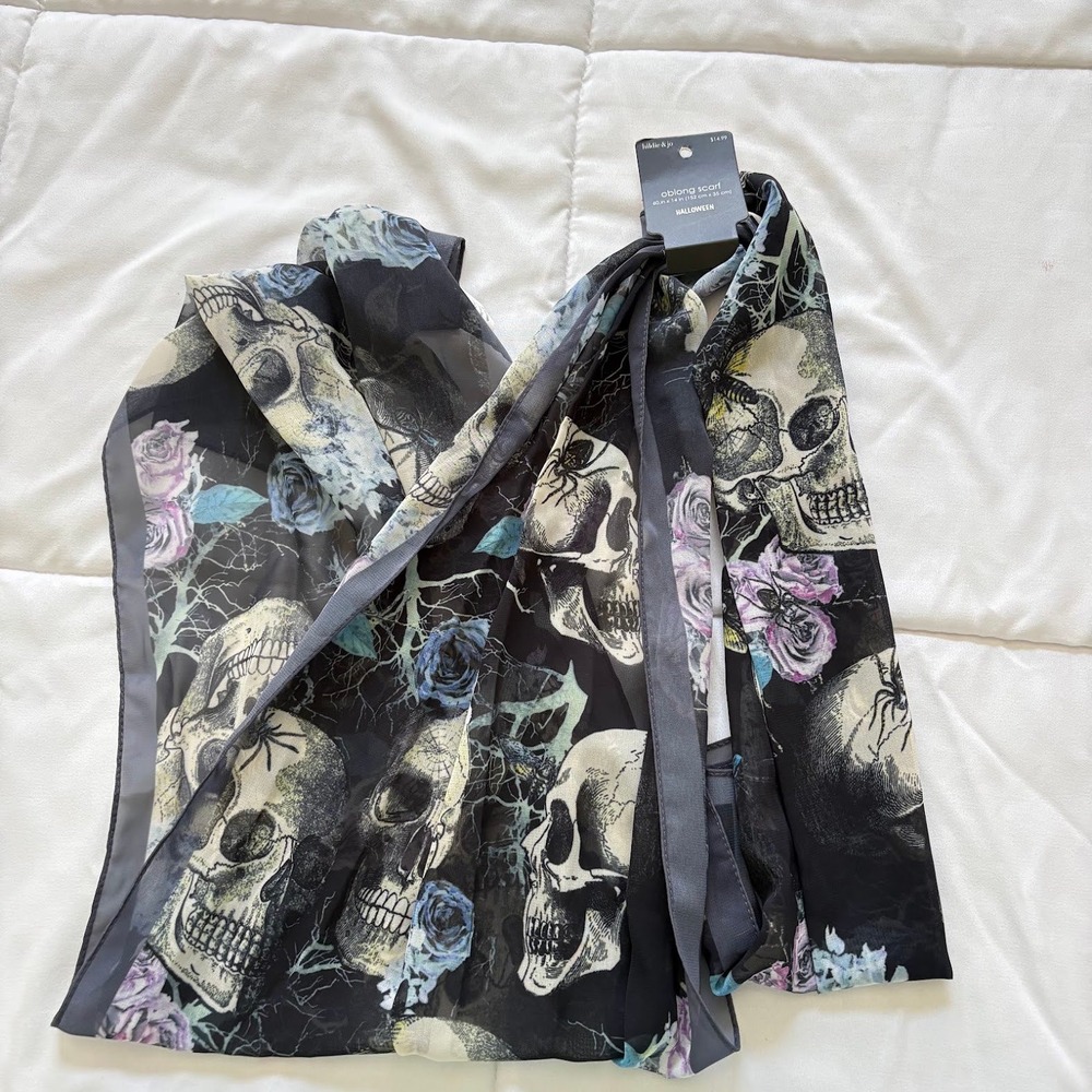 NWT Hildie & Jo Halloween Skull Floral Oblong Scarf Black Blue Purple 60x14